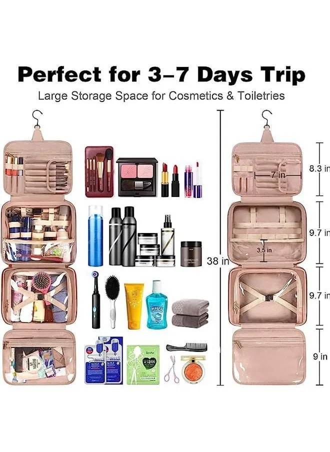 Hanging Travel Makeup Bag for Women, Large Waterproof Cosmetic Bags Travel Organizer Full Sized Container with Elastic Band Holders for Toiletries, Cosmetics, Brushes, Bottle, Pink-2