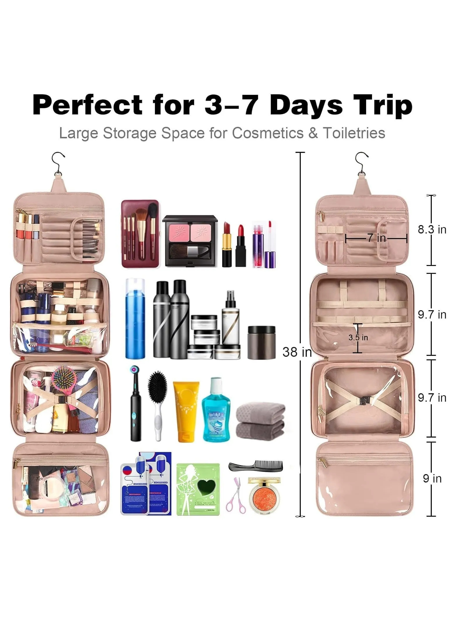 Hanging Travel Makeup Bag for Women, Large Waterproof Cosmetic Travel Organizer Full Sized Container with Elastic Band Holders for Toiletries, Cosmetics, Brush - Blue-2