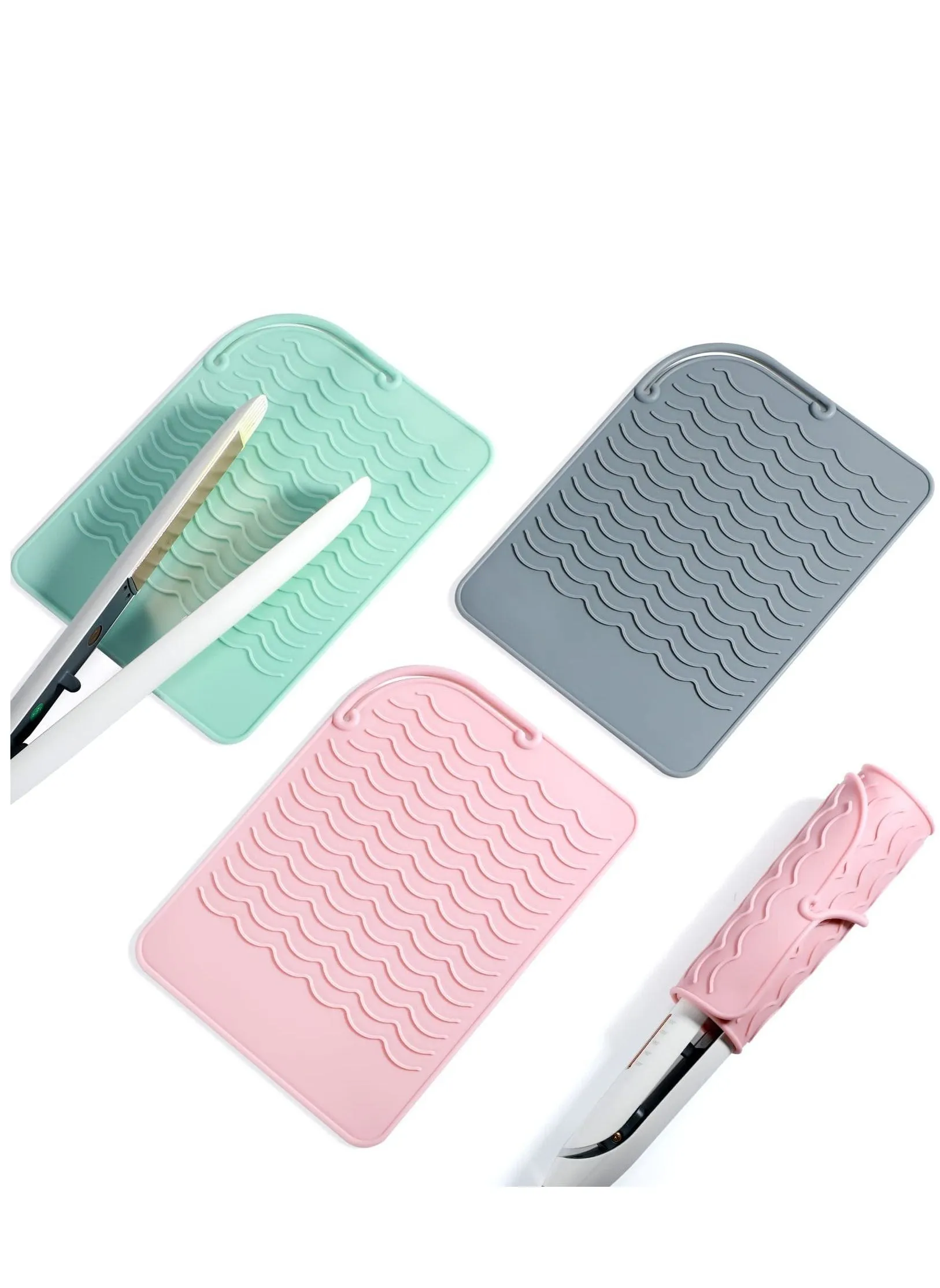 Heat Resistant Straightener Pad 8.6 x 6.2 Inch Travel Silicone Heat Resistant Mat Heat Mat for Curling Iron Straightener Holder Flat Iron Mat for Hot Hair Dryer Salon Tools (3 Pcs Pink, Green, Gray)-1