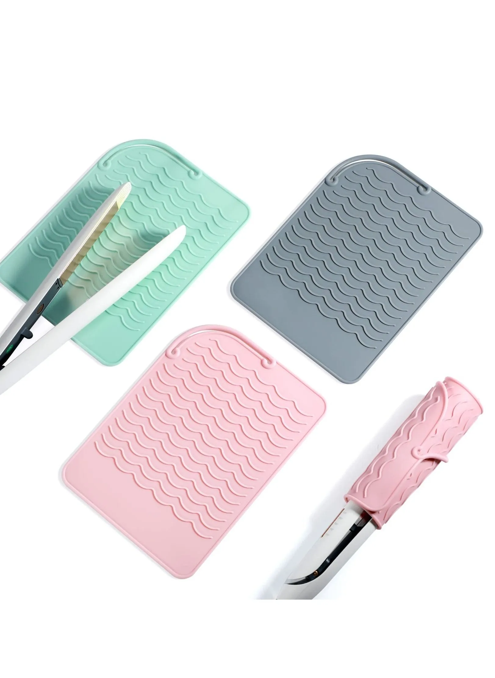 Heat Resistant Straightener Pad 8.6 x 6.2 Inch Travel Silicone Mat for Curling Iron Holder Flat Hot Hair Dryer Salon Tools (3 Pcs Pink, Green, Gray)-1