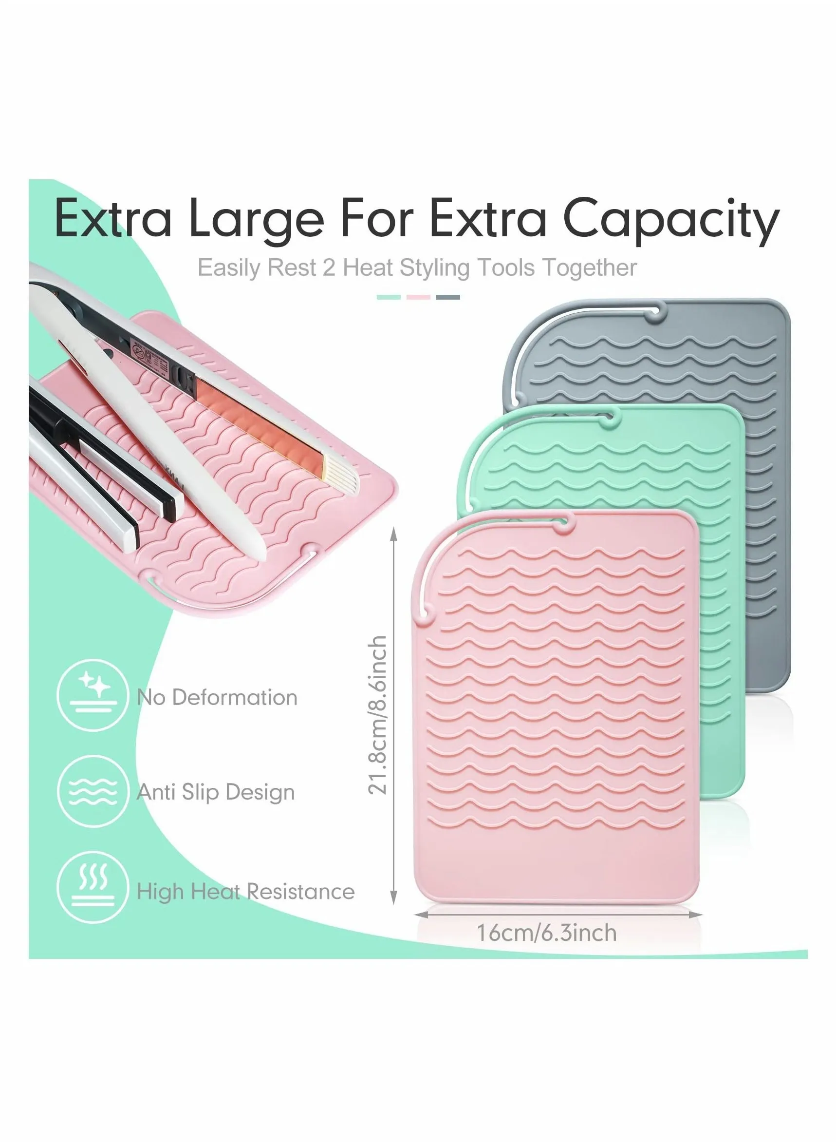 Heat Resistant Straightener Pad 8.6 x 6.2 Inch Travel Silicone Mat for Curling Iron Holder Flat Hot Hair Dryer Salon Tools (3 Pcs Pink, Green, Gray)-2