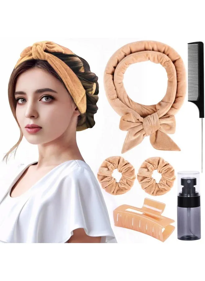 Heatless Curlers To Sleep In Heatless Curling Rod Headband For Long Hair Overnight Heatless Curls For Women Velvet Hair Rollers Bottle Hair Clips Scrunchie Rattail Comb 6 Pieces Set (Khaki)-1