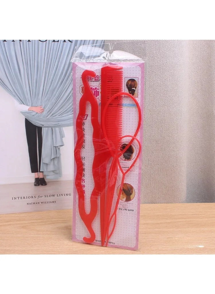 L29 Korean-style hair accessories bridal hairdressing tools braided hair balls head practical four-piece set hair pull needle hair curler 2# Red-1