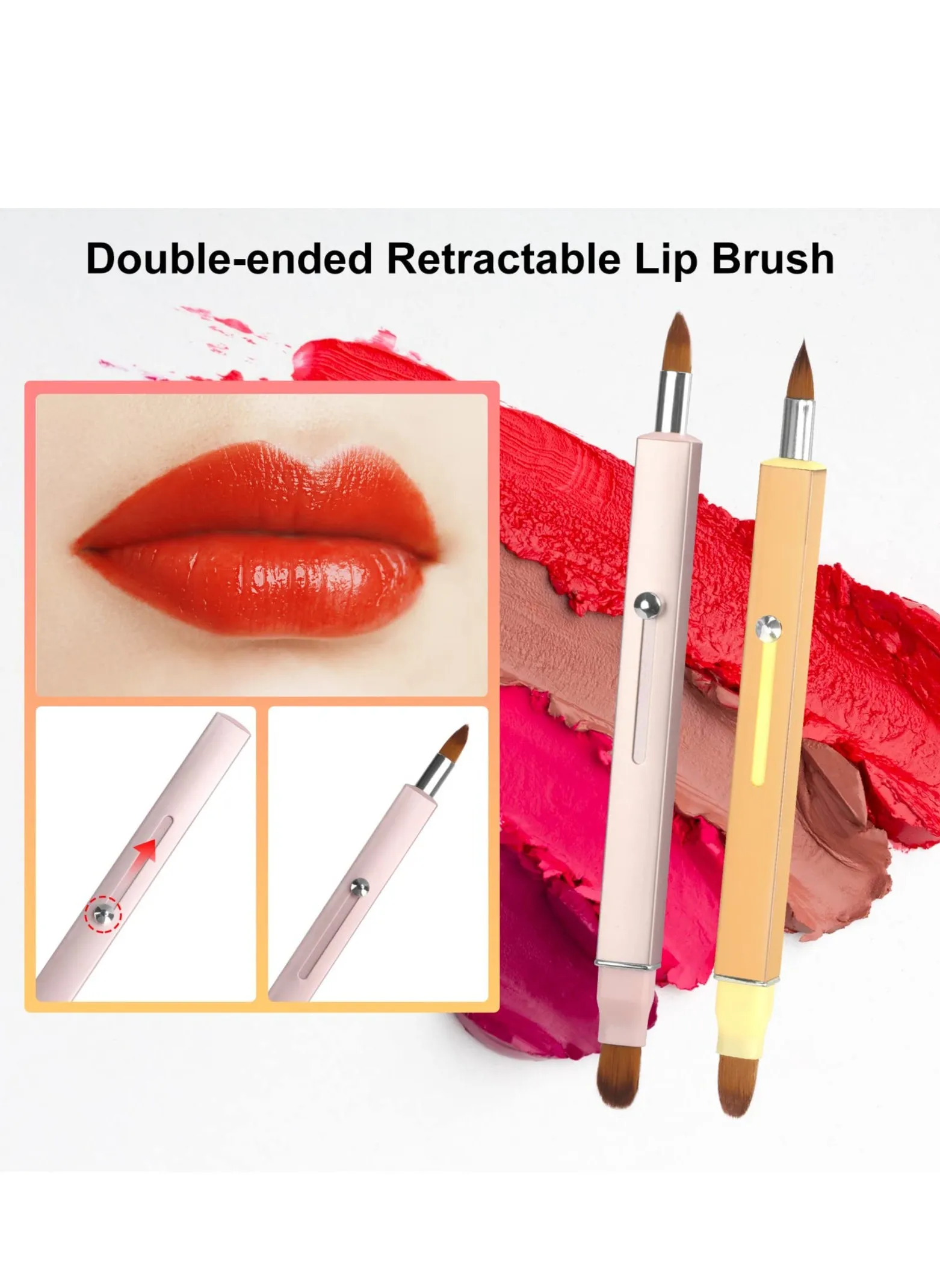 Lip Brushes, Retractable Lip Brush for Lipstick, Double-ended Lip Applicator with Cap, Portable Lip Liner Brush, Lip Gloss, Eyeshadow Smudge Concealer Brush (Pink+Gold) (2 Pieces)-2