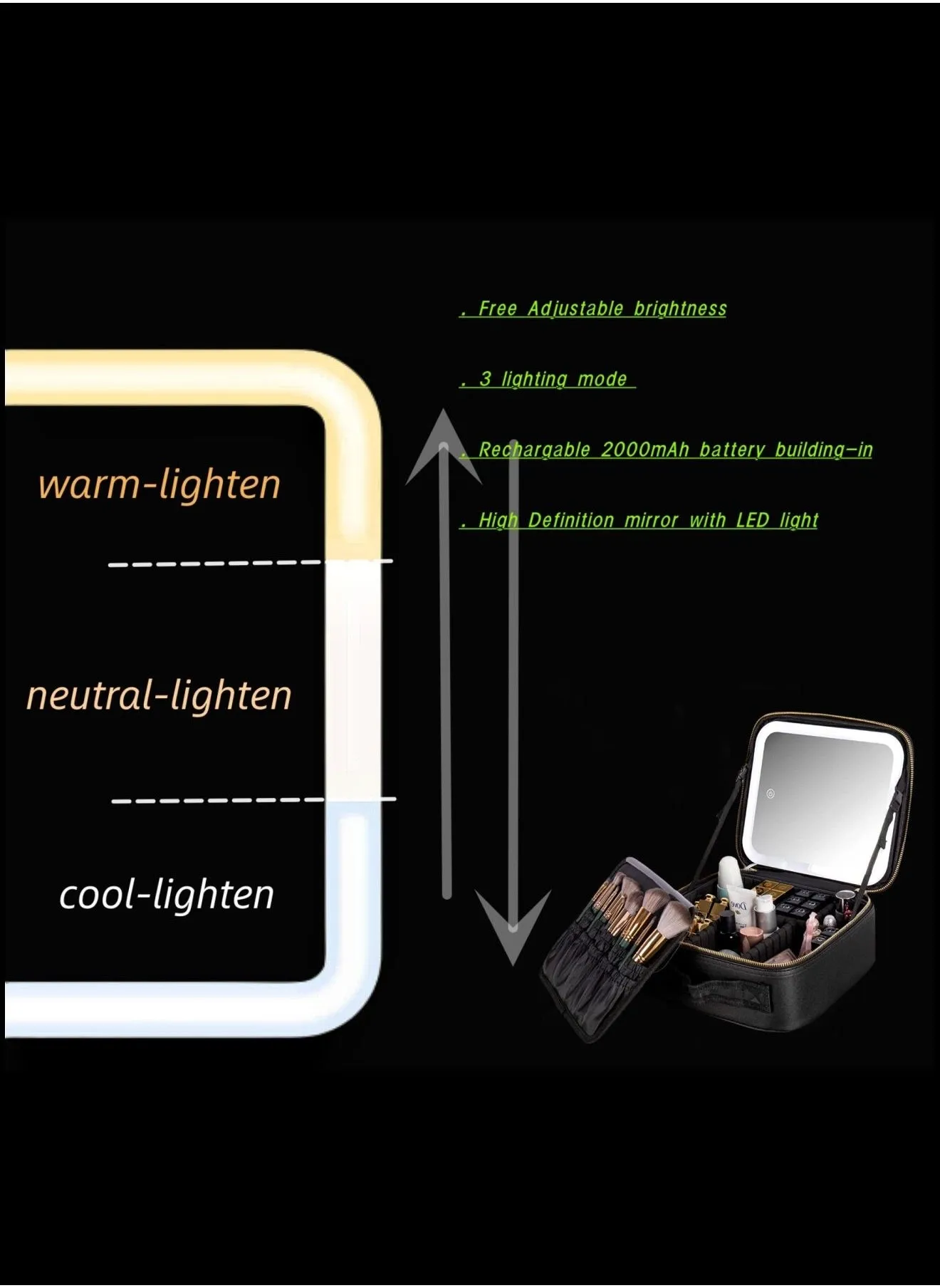 حقيبة مكياج ذات عدسة واحدة مزودة بمرآة مضيئة، حقيبة قطار تجميلية بمؤشر سطوع قابل للضبط مناسبة لرحلاتك ومكياج يومي (أسود)-2