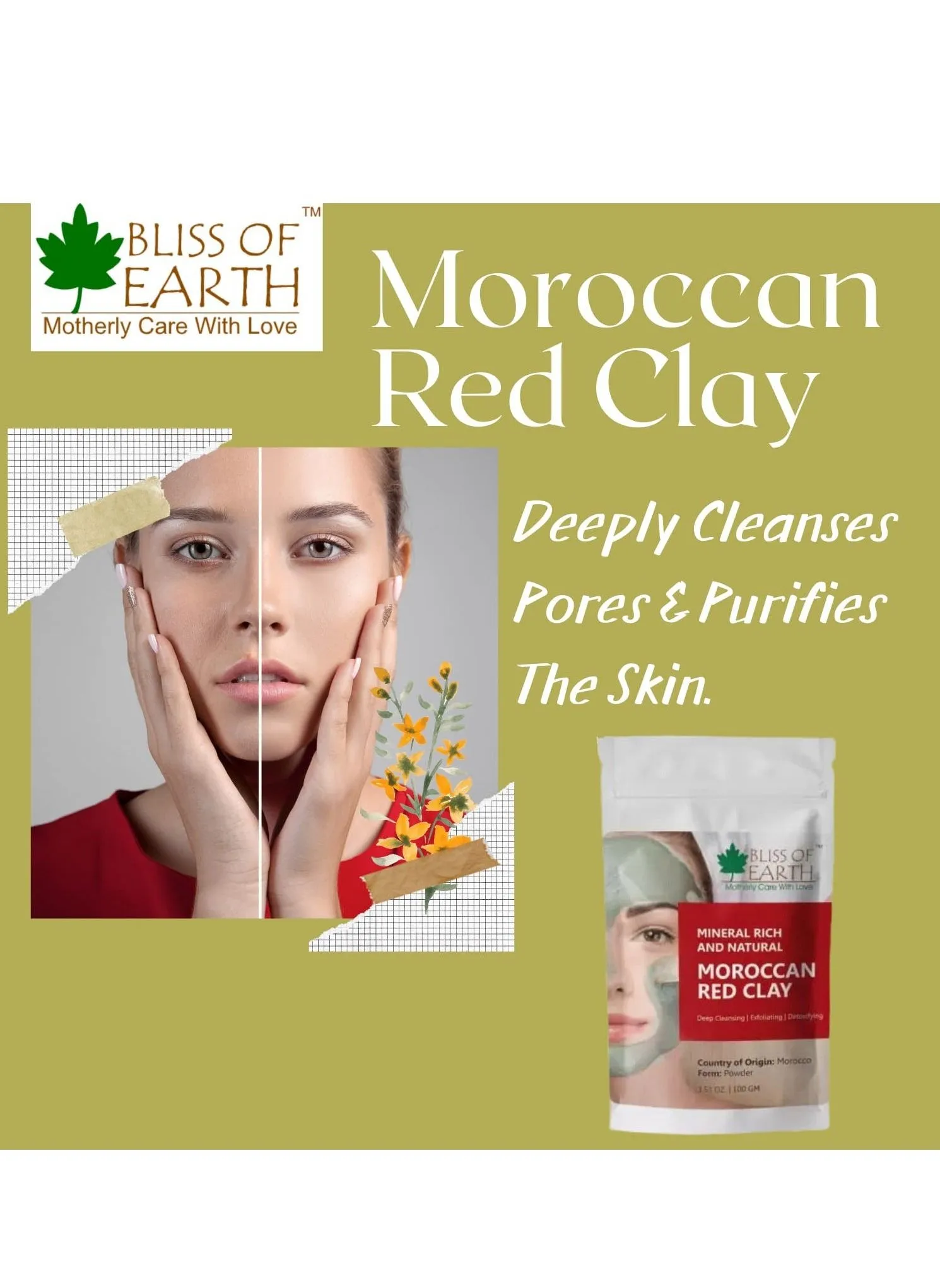 Original Moroccan Red Clay Powder | 100GM | Natural Facial Mask & Skin Care Treatment | Anti-Ageing | Heals Dry & Oily Skin | Detoxifying & Rejuvenating |-2