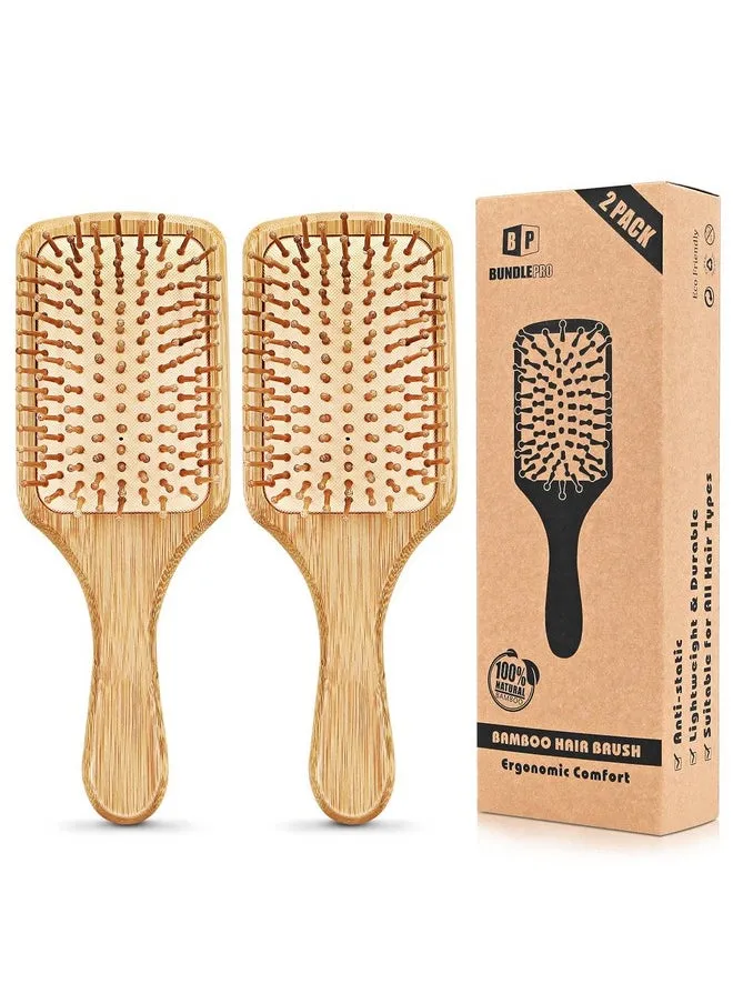 Pack Of 2 Bamboo Hair Brushes 100% Natural Ecofriendly Hair Brush With Bamboo Bristles Massages Scalp Antistatic Hair Detangle For All Types Lightweight (Paddle)-1