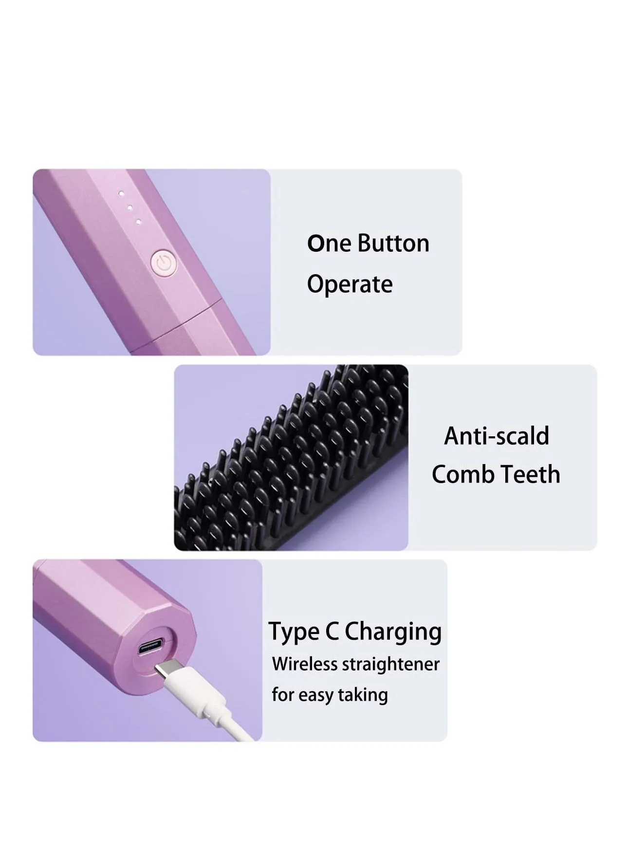 فرشاة تمليس الشعر المحمولة اللاسلكية، مع 3 مستويات لدرجة الحرارة ووظيفة إيقاف التشغيل التلقائي ومضادة للحرق، مصفف تجعيد الشعر أثناء السفر، مشط فرد الشعر الكهربائي اللاسلكي القابل لإعادة الشحن عبر USB C أو TypeC-2