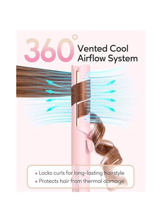 مكواة تجعيد شعر بتصميم Pro Airflow Styler Curling Iron مزودة بتهوية برودة 360 درجة لتموجات تدوم طويلاً، مملس ومجفف شعر 2 في 1 بقطر 1 بوصة، جهد مزدوج، درجات حرارة قابلة للضبط، وردي.-2