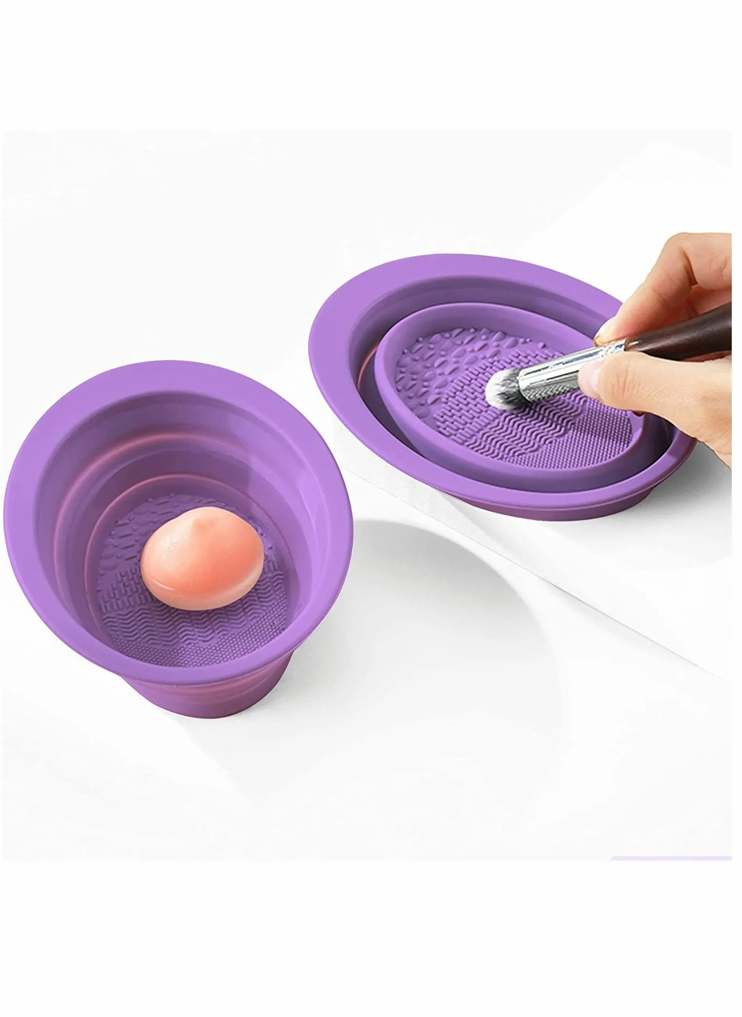 Silicone Makeup Brush Cleaning Mat, Cosmetic Brush Cleaner, Brush Cleaning Pad, Foldable Makeup Brush Cleaning Bowl, Suitable for Makeup Brush, Makeup Sponge, Powder Puff (2 Pcs Purple)-1