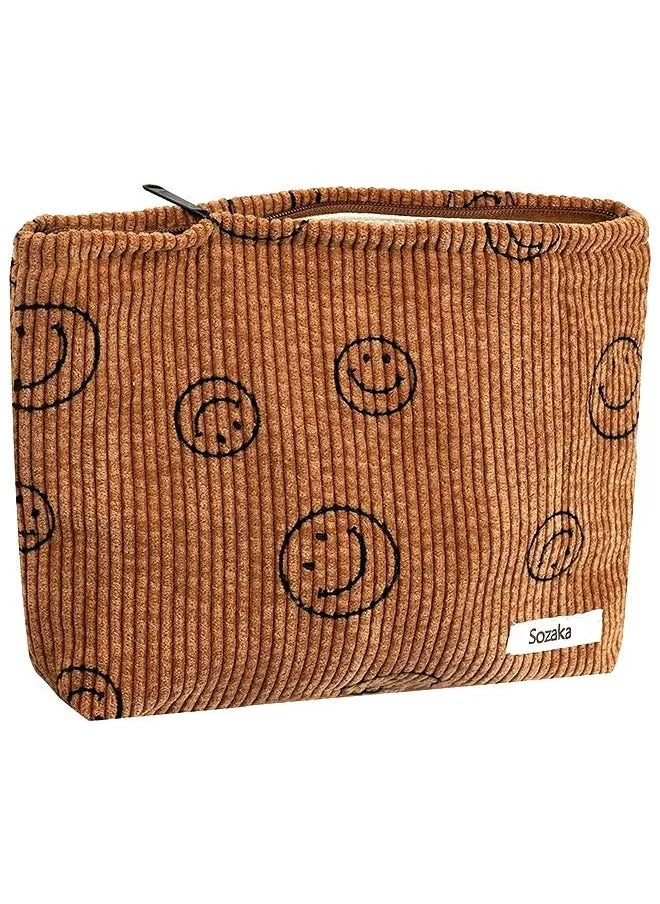 Smiley Face Makeup Bag Cosmetic Bag for Women,Large Capacity Canvas Makeup Bags Travel Toiletry Bag Accessories Organizer, Brown-1