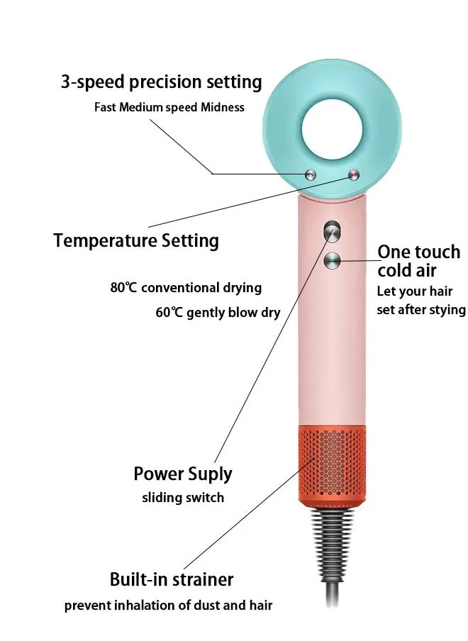 أسرع من الصوت مجفف شعر عالي السرعة بقوة 1600 واط مع محرك بدون فرشاة للتجفيف السريع، مجفف شعر منخفض الضوضاء مع 3 إعدادات للحرارة وملحقين للمنزل والسفر، فوهة مغناطيسية-2