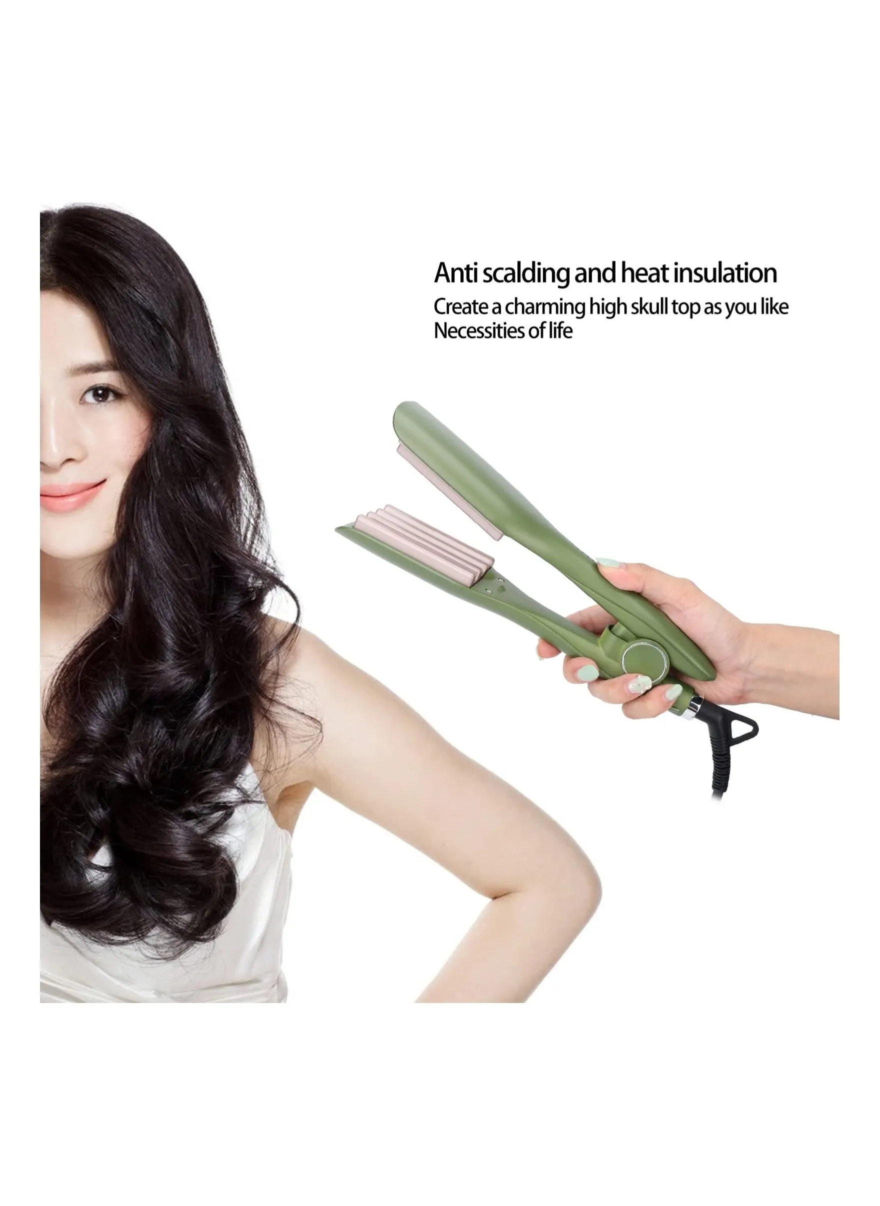 Titanium Ceramic Hair Crimper, PTC Heating Waver 80W Volumizing Crimper Styling Tool Crimping Iron Salon-Grade Crimped Hairstyles for Women Girls, heating (Green)-2