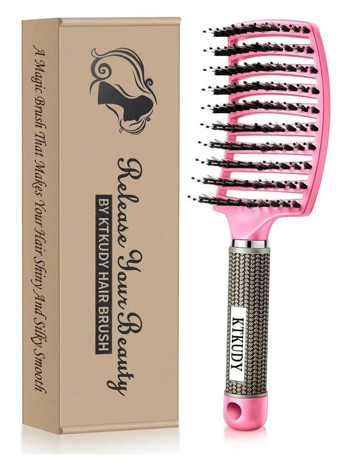 Tkudy Detangling Hair Brush Boar Bristle & Tanglefree Design For Kids Women And Men Perfect For Wet And Dry Hair Smooth Magical Painfree Styling (Pink)-1