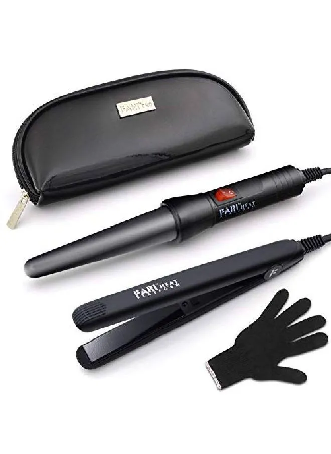 Travel Hair Curling Iron And Mini Flat Iron 2 In 1 Kit Ceramic Tourmaline Curling Wands And Hair Straighteners Set Heat Resistant Glove And Travel Pouch Included Black-1