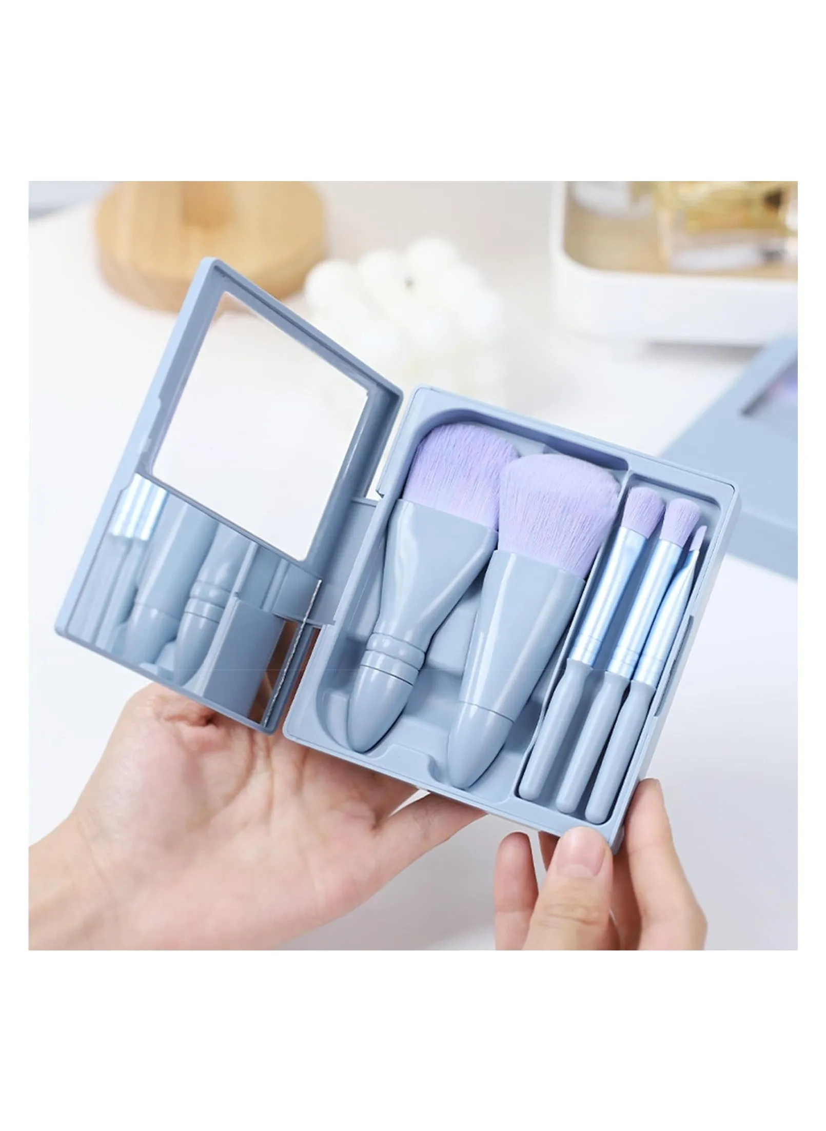 Travel Size Makeup Brushes Set Mini Makeup Brush Set with Case and Mirror, Small Complete Function Cosmetic Brushes Kit Perfect for On The Go(5PC, Blue)-1