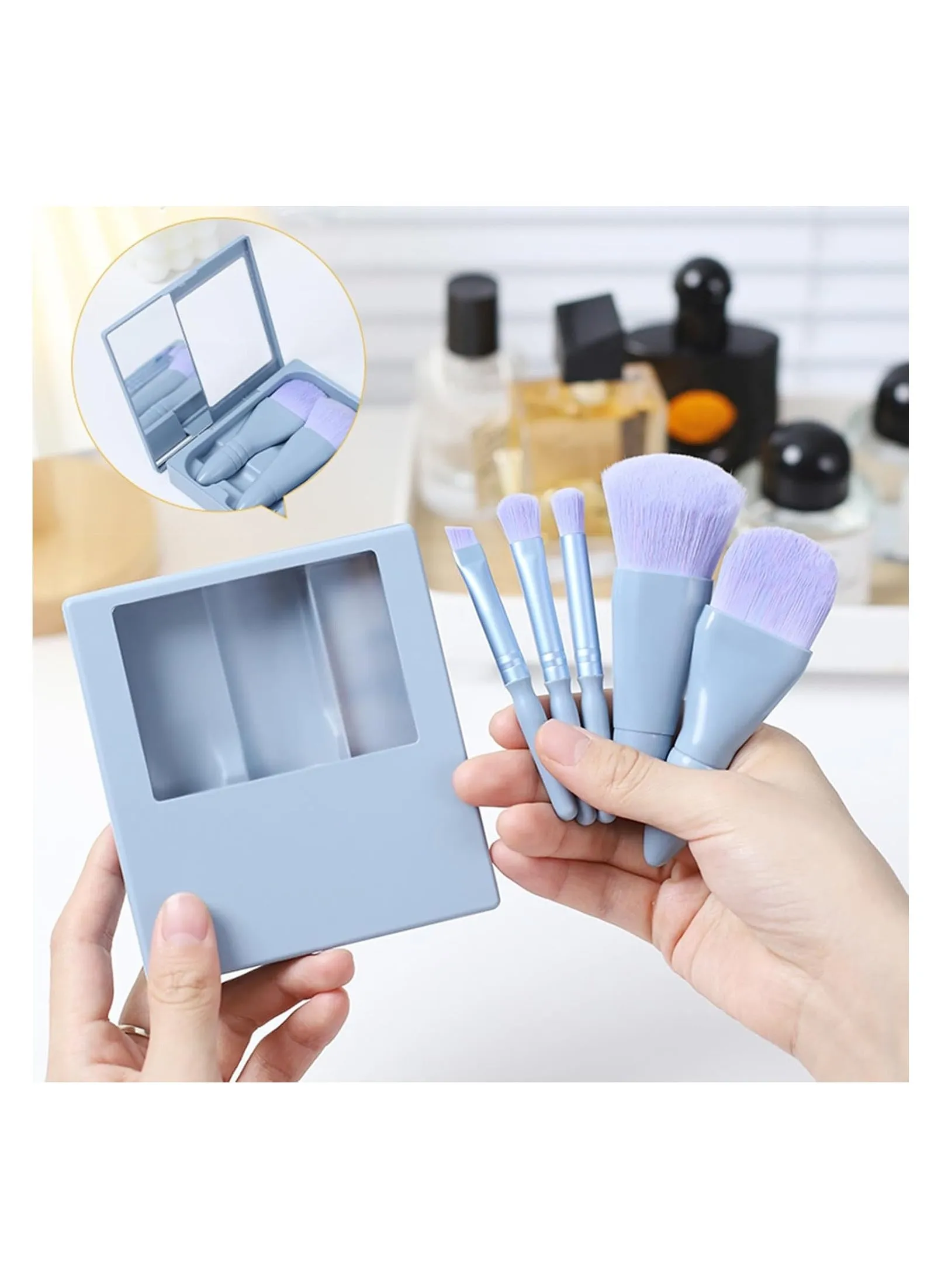 Travel Size Makeup Brushes Set Mini Makeup Brush Set with Case and Mirror, Small Complete Function Cosmetic Brushes Kit Perfect for On The Go(5PC, Blue)-2